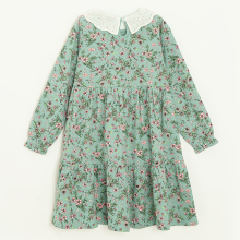                             Květinové šaty s dlouhým rukávem a krajkovým límečkem -zelené                        