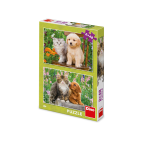 Puzzle 2x48 dílků Pejsek a Kočička na zahradě